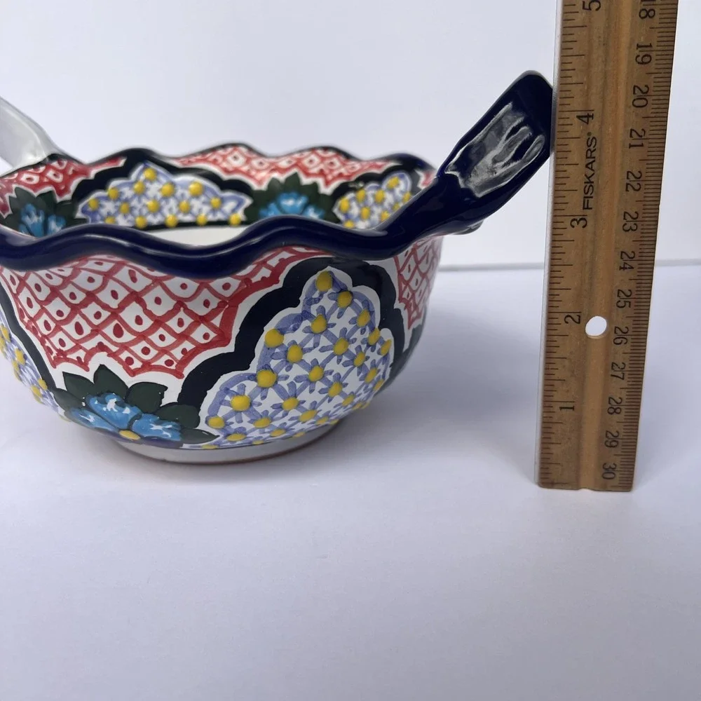 Mexican Talavera Hand Painted Bowl w/ Handles Lead Free Puebla 7